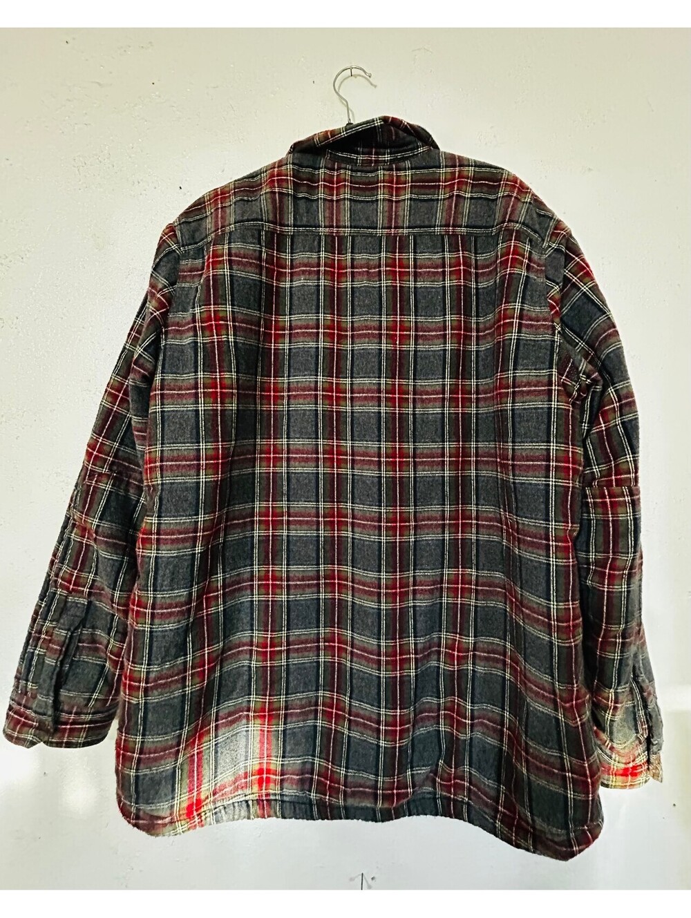 LL Bean Men L Fleece Lined Flannel Shirt Jacket Grey Red Plaid Shacket - Picture 3 of 4